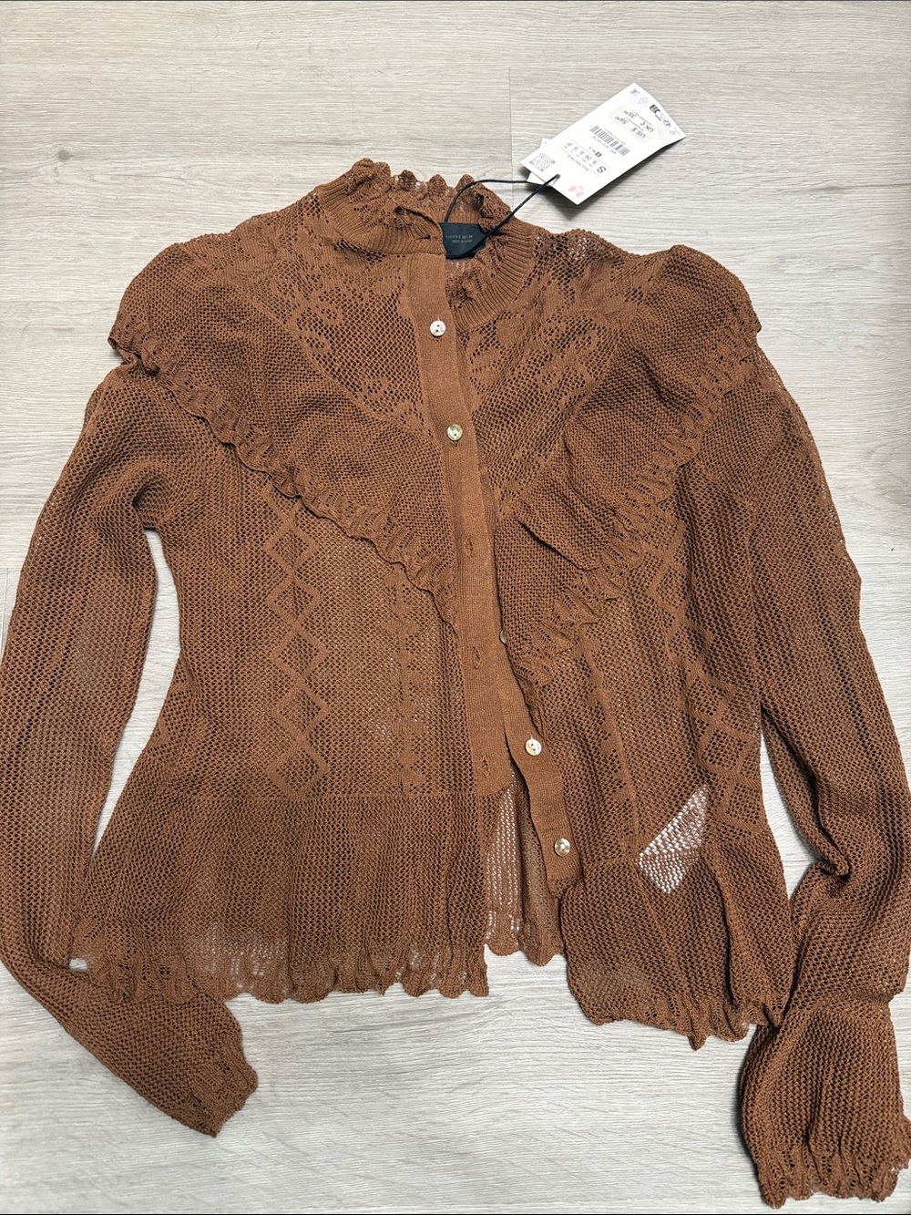 Zara Brown Ruffle Knit Button-Front Long Sleeve Blouse - New with tags